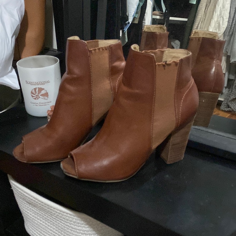 Cognac brown peep toe Chelsea booties